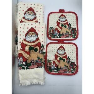 Vintage B&D Christmas Lot Of 2 Kitchen Towels And 2 Hot Pads All Matching Santa